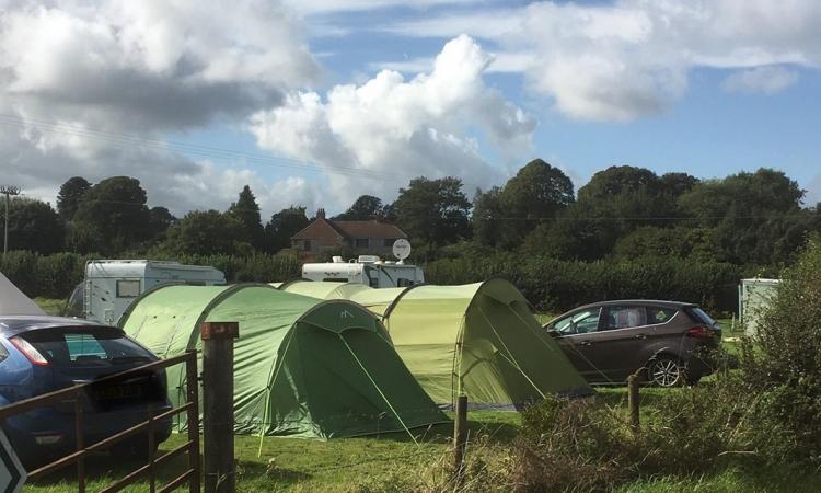 Tents set up next to a car
